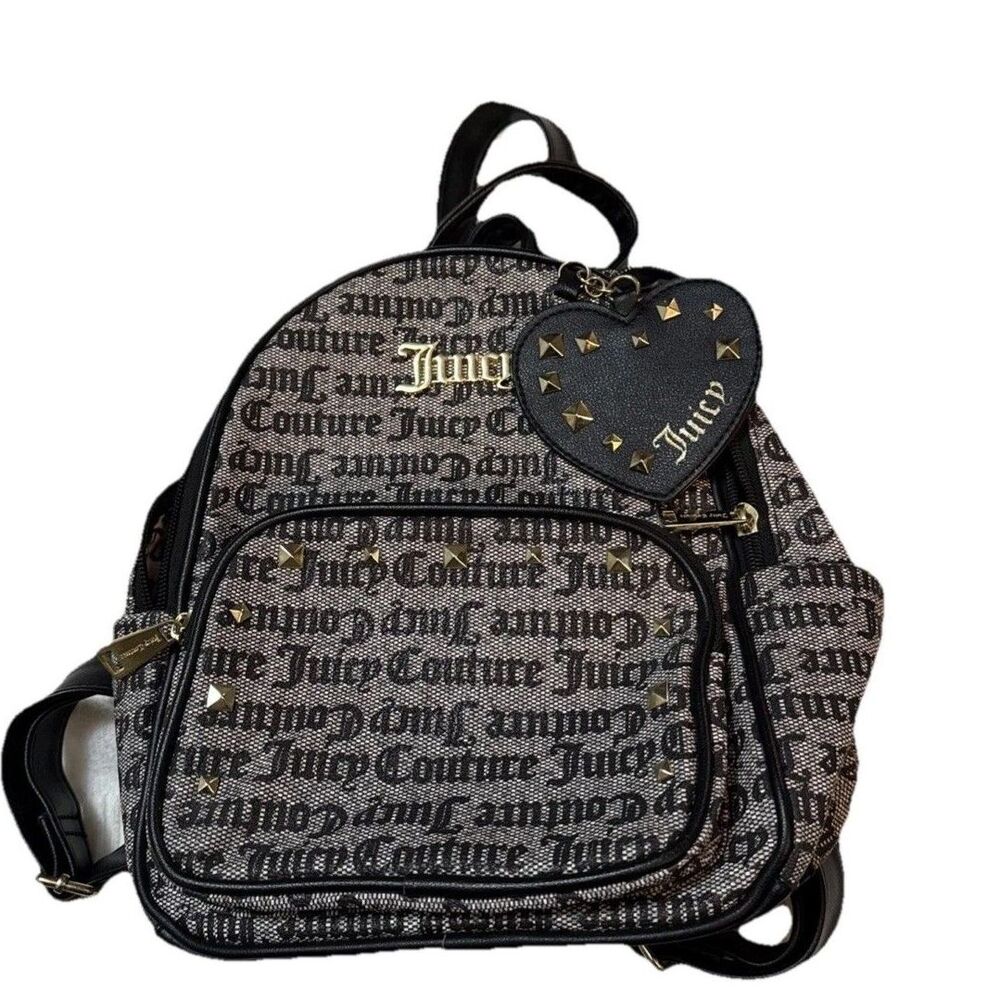 Juicy Couture Classic All Over Logo Gothic Status Small Backpack Heart Charm Stu